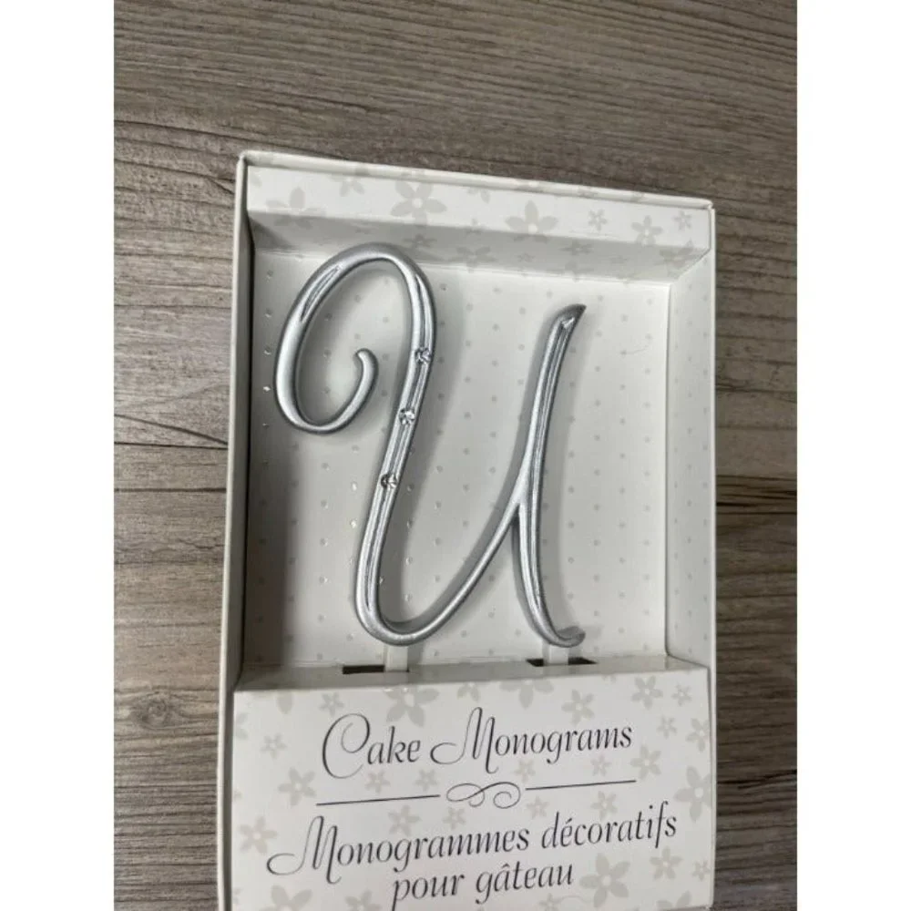 Wedding Small U Silver Finish Monogram Initial Rhinestones Cake Topper